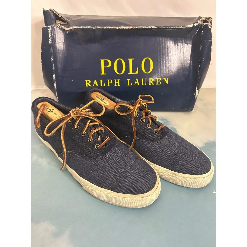 Polo Ralph Lauren Men Navy Blue Canvas Casual Shoes Sneakers Leather Laces Sz 11